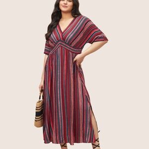 BloomChic Striped Dolman Sleeve Pocket Split Flutter Dress 2X Red